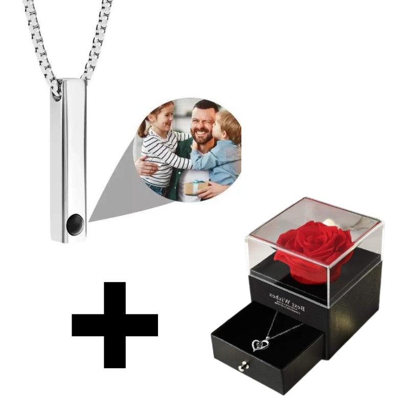 Colar Barra Memories - Foto e Escrita Personalizável + Caixa Com Rosa Encantada